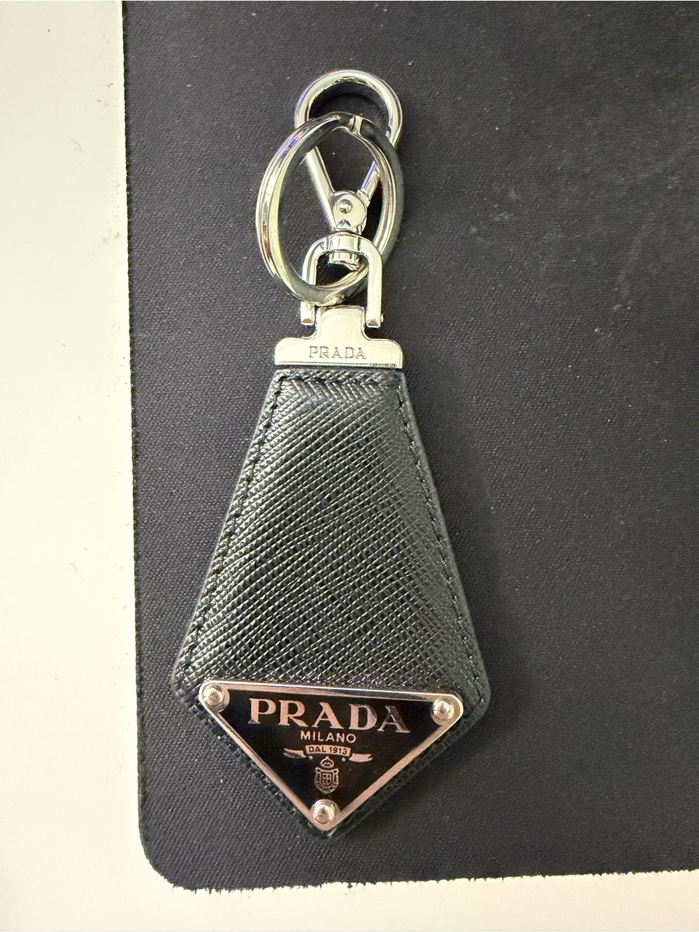 Prada Black Saffiano Leather Triangle Logo Key Fob